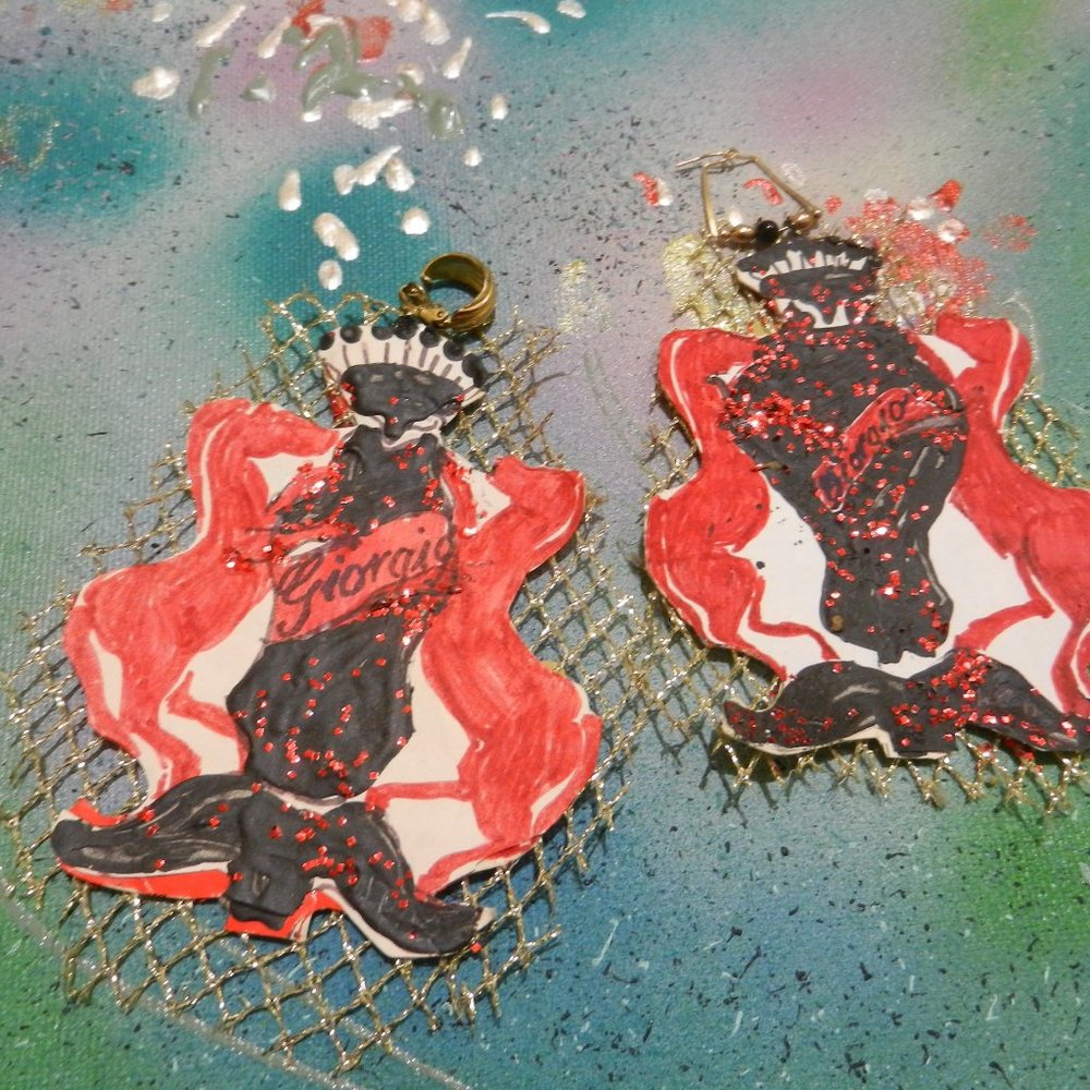 VTG Handmade paper crafted earrings black red gold mesh glitter clip or pierce
